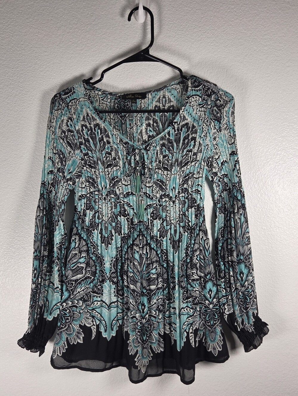 Melissa Paige Women's Size Small Teal Paisley Long Sleeve Tunic